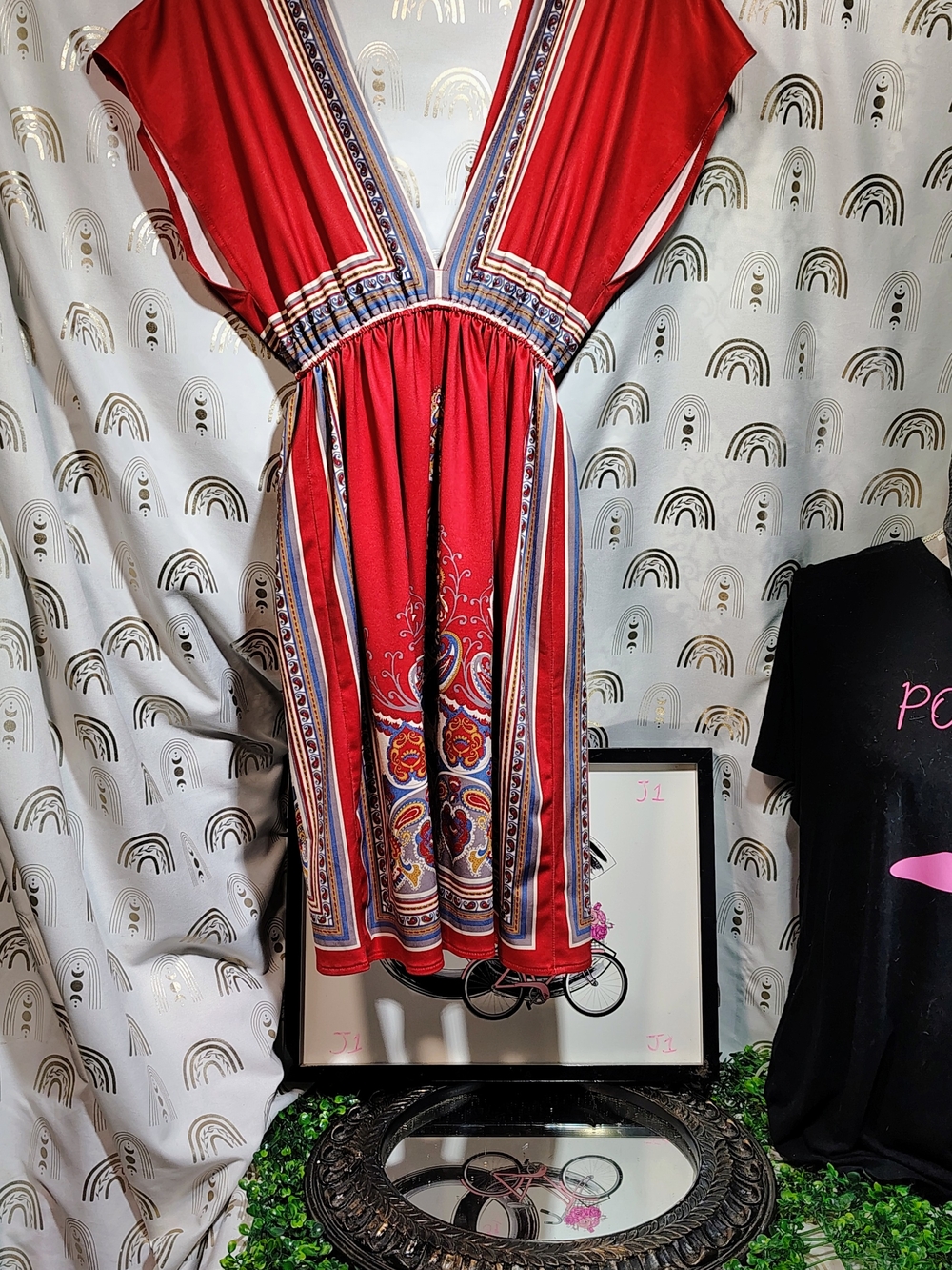 Red V-Neck Bohemian Midi Dress